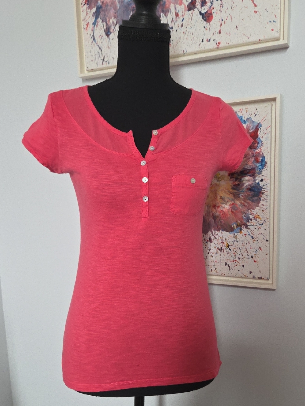 Promod Coral Pink Short Sleeve Henley Top